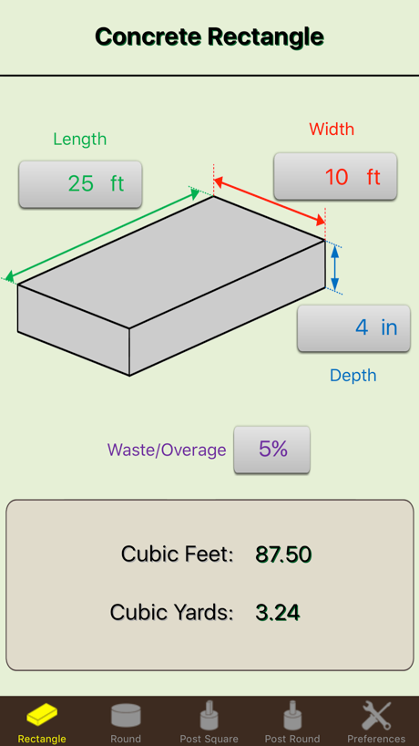 Concrete Calc Elite running on a phone