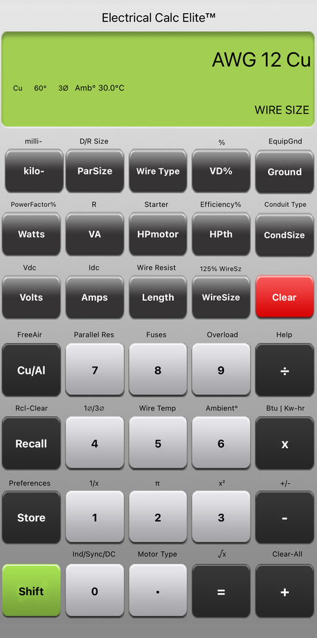 Electrical Calc Elite running on a phone